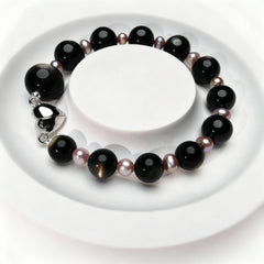 Obsidian + Hypersthene + Natural Pearl Bracelet
