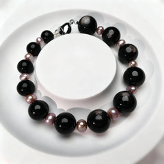 Obsidian + Hypersthene + Natural Pearl Bracelet